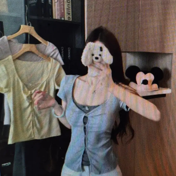 [BUNJANG] Twisted Short Sleeve Tee with Lace Camisole (3 Colors) / (해외배송)레이스 나시 붙어있는 꼬임 반팔티 3컬러