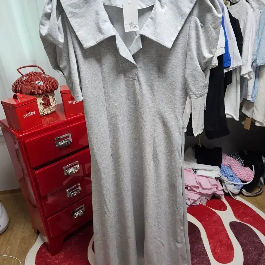 [BUNJANG] Loose Fit Sailor Collar Short Sleeve Midi Dress - Gray / 루즈핏 그레이 세일러 카라 반팔 원피스