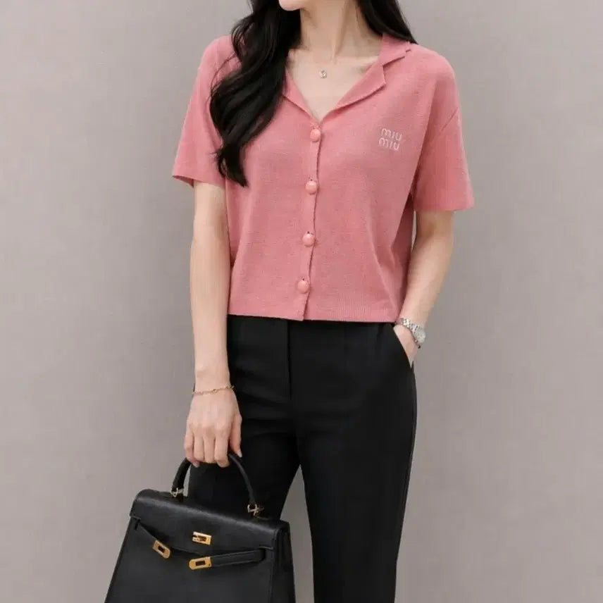 [BUNJANG] Miu Miu Pink Short-Sleeve Knit Cardigan / 미우 핑크 반팔 카라 니트 여름가디건