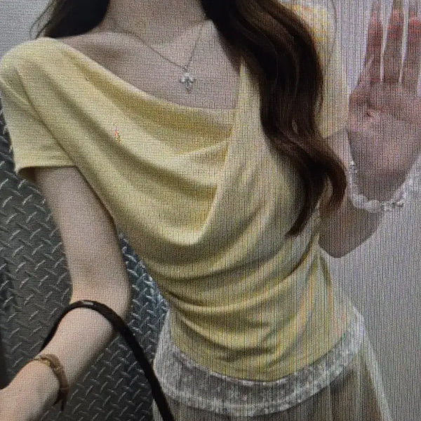 [BUNJANG] Lace Shirring Short Sleeve T-Shirt 2 Colors / (해외배송) 레이스  셔링 반팔티  2컬러