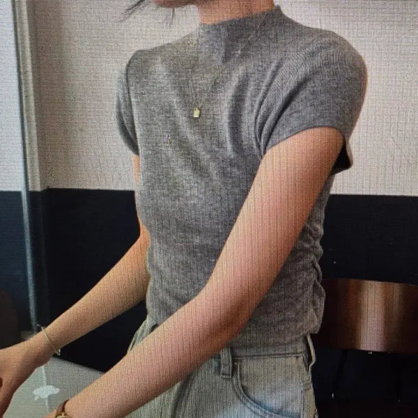 [BUNJANG] Half Polar Shirring Short Sleeve T-Shirt Grey/White / (해외배송)반팔 하프폴라 셔링 티셔츠 그레이/화이트