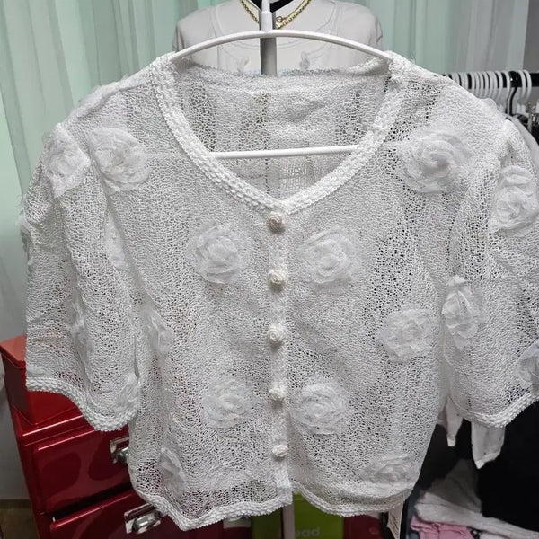 [BUNJANG] White Flower Lace Cardigan / 화이트 플라워 레이스 가디건