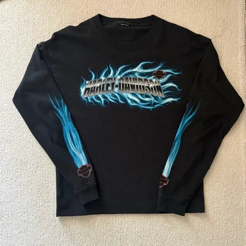 [BUNJANG] Harley-Davidson 00s Blue Flame Graphic Long Sleeve T-Shirt / 00s 할리데이비슨 롱슬리브