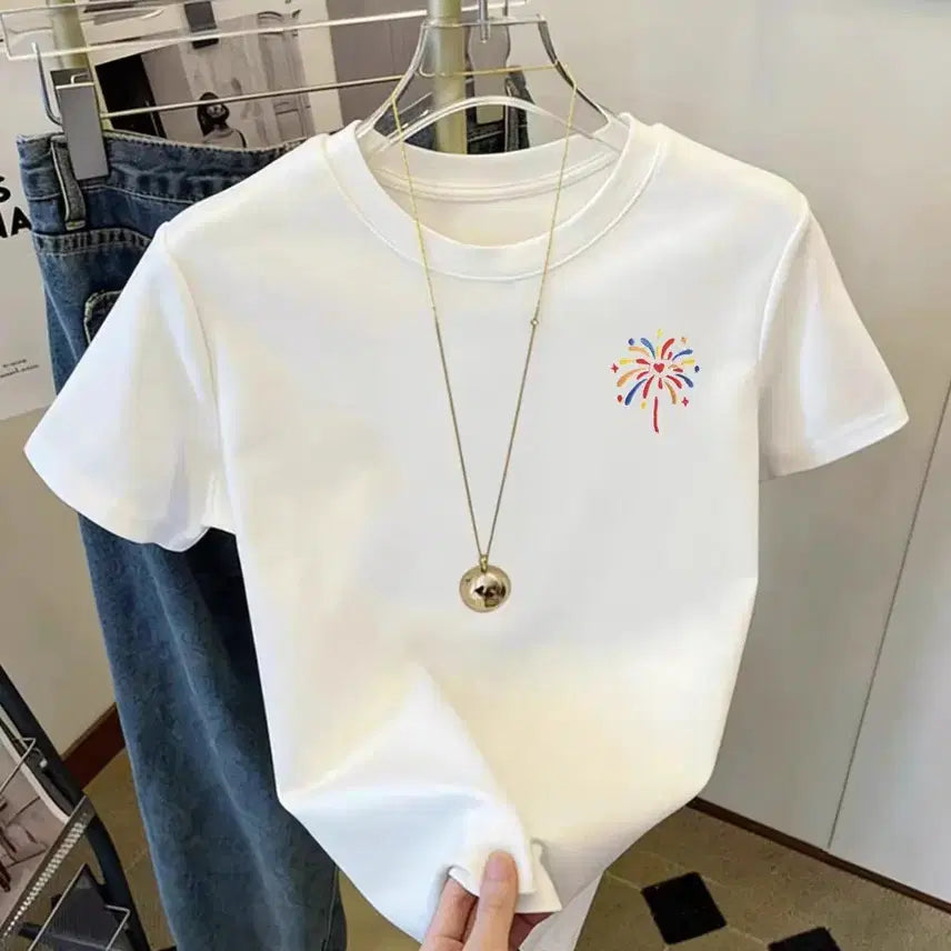 [BUNJANG] White Short Sleeve T-Shirt Flame Embroidery / 흰색 반팔 티셔츠 불꽃 자수
