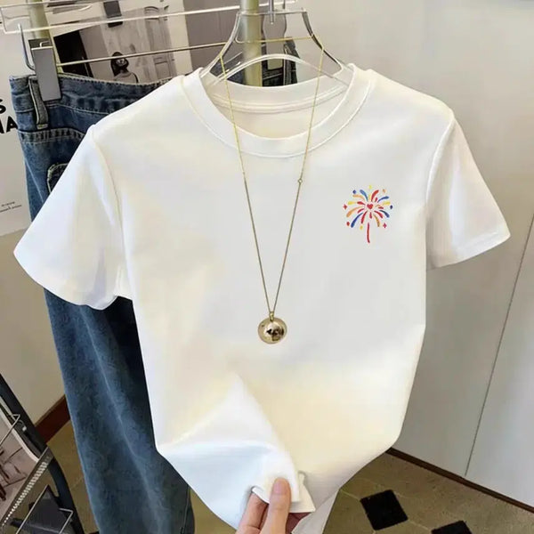 [BUNJANG] White Short Sleeve T-Shirt Flame Embroidery / 흰색 반팔 티셔츠 불꽃 자수