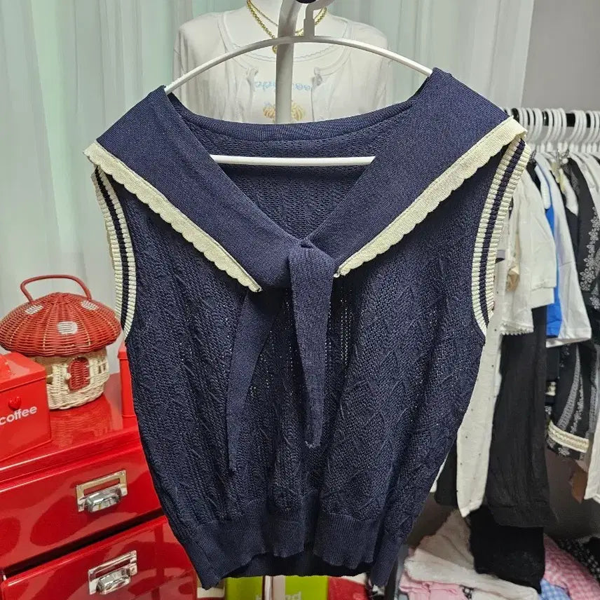 [BUNJANG] Sailor Collar Knit Vest Navy / 세일러 카라 니트 조끼 네이비