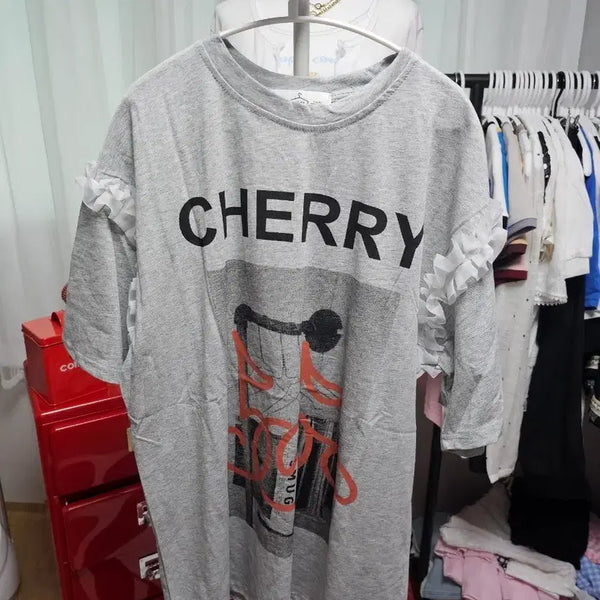 [BUNJANG] Cherry Frill Short Sleeve T-Shirt - Gray / 체리 프릴 반팔 티셔츠 그레이