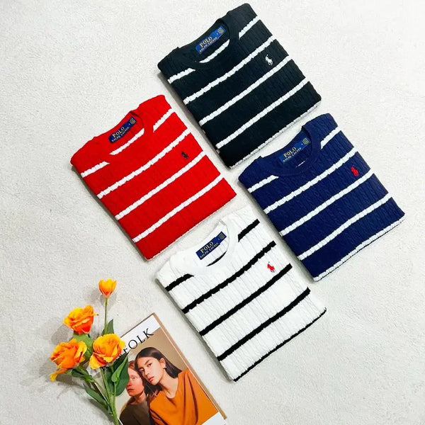 [BUNJANG] Polo Ralph Lauren Women's Striped Short Sleeve Knit Polo Shirt / 폴로 여성용 반팔니트 스트라이프 걸즈 단가라 폴로니트 반팔티