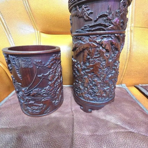 [BUNJANG] Bamboo Carved Brush Holder Set (2 pieces) / 대나무 조각 붓통 세트2개