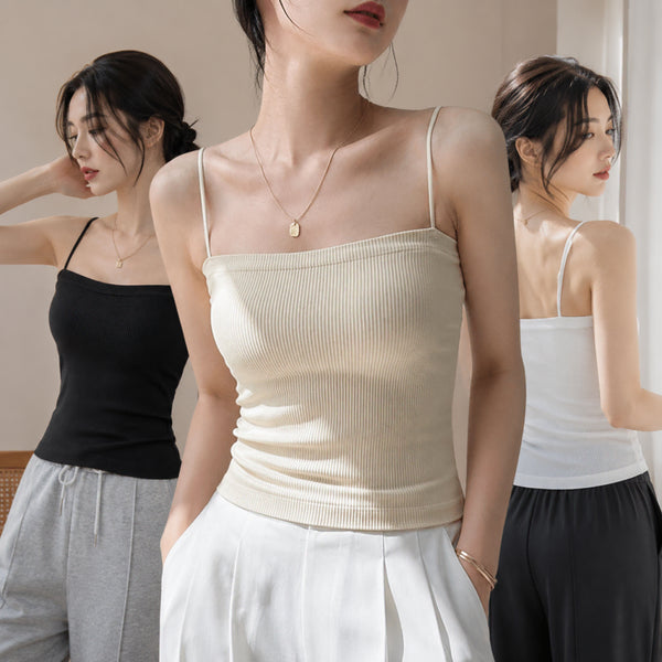 [BUNJANG] Women's Summer Ribbed Sleeveless Crop Top Square Neck Spaghetti Strap Inner Tank / 여자 여름 골지 이너 나시티 끈나시 노와이어 크롭나시티