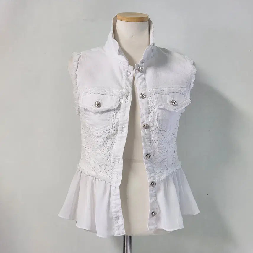 [BUNJANG] EGOIST Lace Mix Denim Vest White Size 55 / 에고이스트 레이스 믹스 데님 베스트 화이트 55
