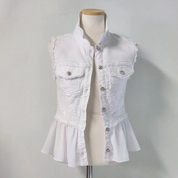 [BUNJANG] EGOIST Lace Mix Denim Vest White Size 55 / 에고이스트 레이스 믹스 데님 베스트 화이트 55