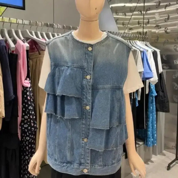 [BUNJANG] Lucky Chouette Denim Ruffle Vest / 럭키슈애뜨 러플 조끼(36)