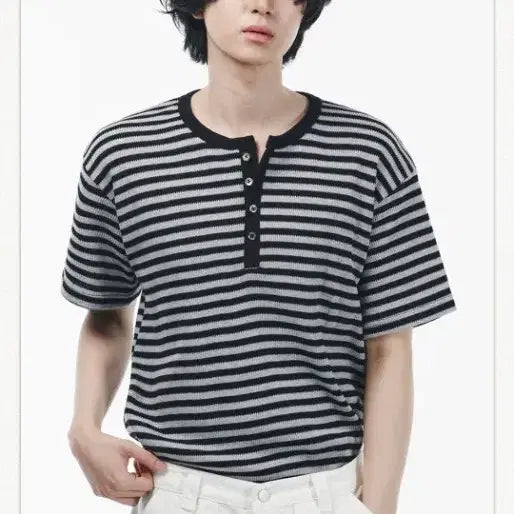 [BUNJANG] Stripe Henry Neck Knit Short Sleeve / (새상품)스트라이프 헨리넥니트 반팔