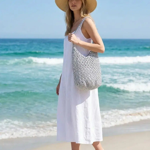 [BUNJANG] Handmade Knitted Silver Metallic Shoulder Bag / 여성 여름 실버 메탈실 뜨개 가방
