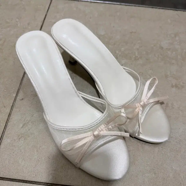 [BUNJANG] Satin Ribbon Mule Sandals White / (반값택배포함) 새틴 리본 뮬 샌들 화이트