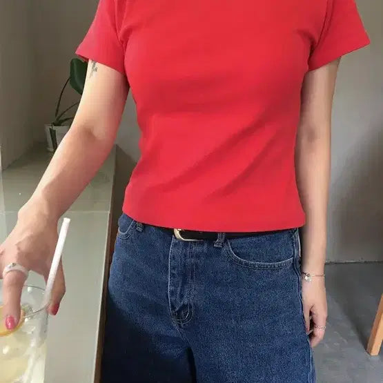 [BUNJANG] EOB Semi Slim Fit Short Sleeve T-Shirt Red / 에오브 제작 세미 슬림핏 반팔티셔츠 레드