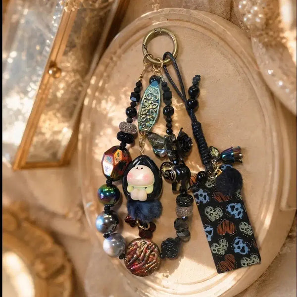 [BUNJANG] Dark Orange & Black Antique Bead Flower & Butterfly Handmade Keyring / 다크오렌지 블랙 꽃나비 엔틱비즈 키링(핸드메이드)