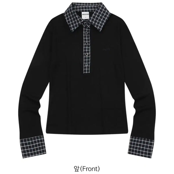 [BUNJANG] OurseAhour Check Color-Block Collar T-shirt Black / 아워세이아워 체크 배색 카라티 블랙