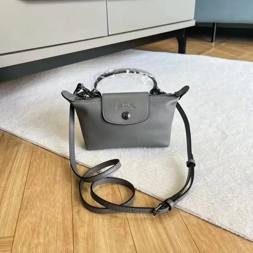 [BUNJANG] Longchamp Le Pliage Extra XS Mini Tote Bag Grey Leather Crossbody Handbag / 롱샴 르 플리아쥬 엑스트라 XS 미니 토트백 회색 가죽 크로스백 핸드백 스트랩 포함 새상품