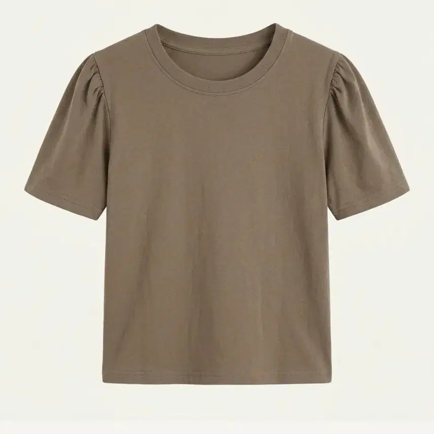 [BUNJANG] Puff Sleeve Short Sleeve T-Shirt - Khaki / 퍼프소매 반팔 카키