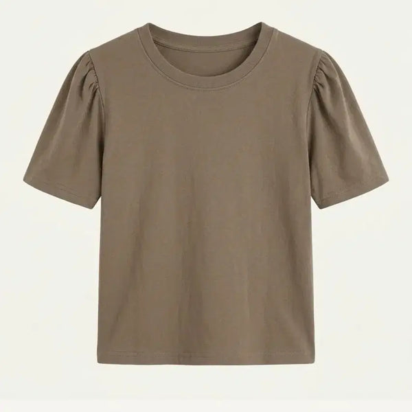 [BUNJANG] Puff Sleeve Short Sleeve T-Shirt - Khaki / 퍼프소매 반팔 카키