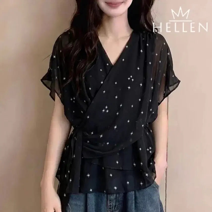 [BUNJANG] HELLEN Star Pattern Wrap Blouse / HELLEN 별 패턴 랩 블라우스