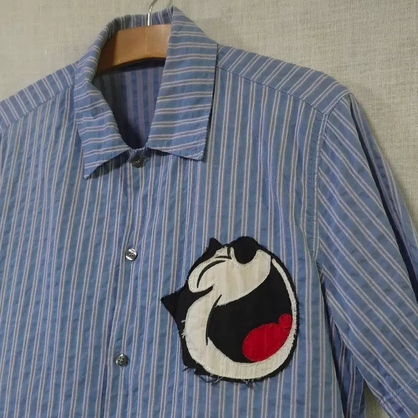 [BUNJANG] Iceberg Felix the Cat Patchwork Short Sleeve Shirt / 아이스버그 정품 이태리 생산 패치 반팔 셔츠 여름 남방 지지미 95 100