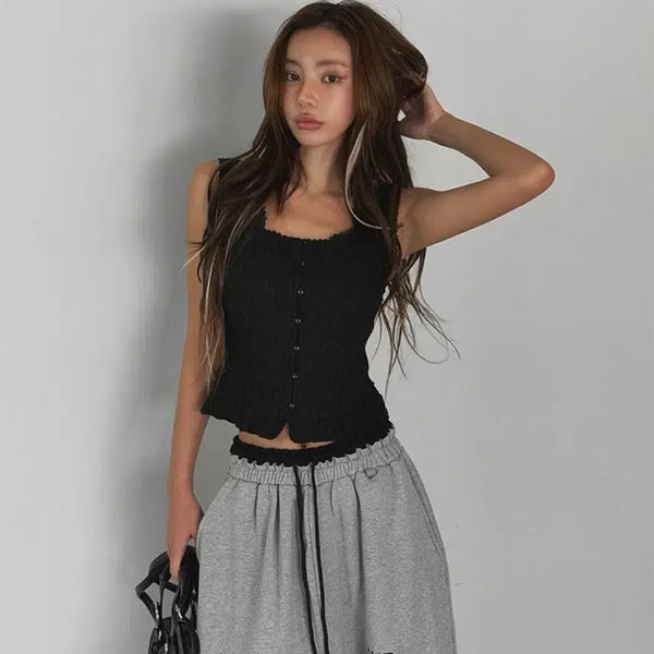[BUNJANG] Lagirl Wrinklepin Cotton Tank Top Black / 라걸 링클핀코튼나시 블랙