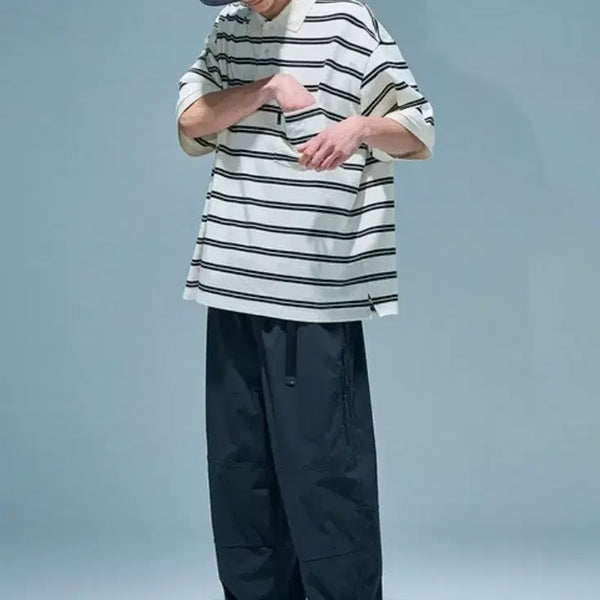 [BUNJANG] Moif Wide Polo Half Sleeve Shirt Ecru Stripe / 모이프 WIDE POLO H/S SHIRT / ECRU STRIPE
