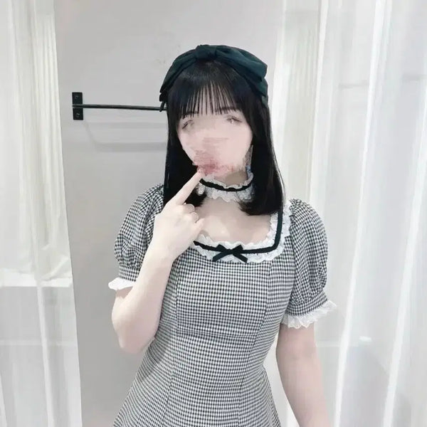[BUNJANG] Pium Gingham Check Lace Choker Cotton Frill Dolly Dress / 피움 pium 깅엄 체크 레이스 초커 코튼 프릴  돌리 원피스