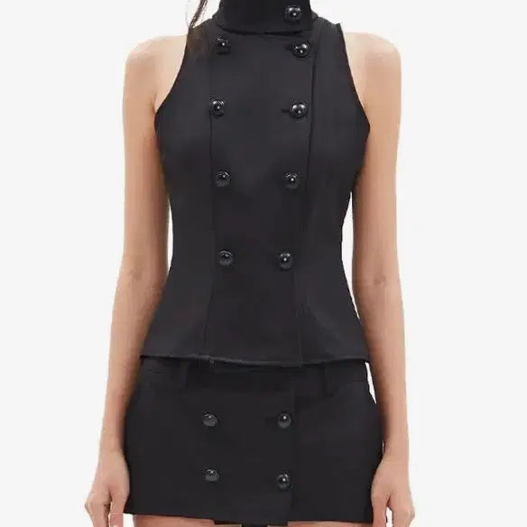 [BUNJANG] Hilda Tailored Half-Neck Button Vest & Mini Skirt Set / 힐다 테일러드 하프넥 버튼 베스트, 스커트, 세트(S,M전부 다 있음) 판매 [블랙]