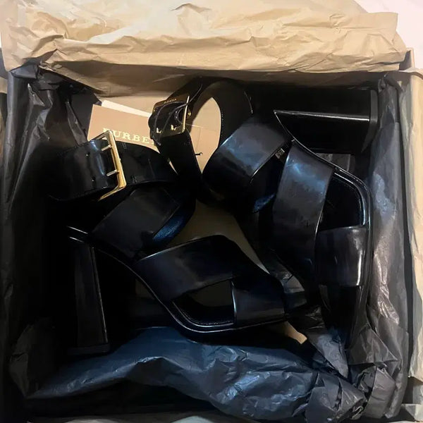 [BUNJANG] Burberry Black Leather Heeled Sandals / 새상품 버버리 샌들 힐 블랙