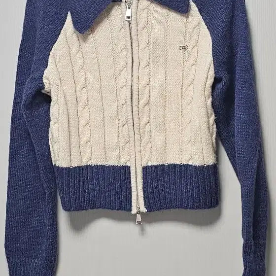 [BUNJANG] Zip-Up Knit Sweater (Blue/Ivory) / [브랜드명 미상] 집업 니트 블루/아이보리