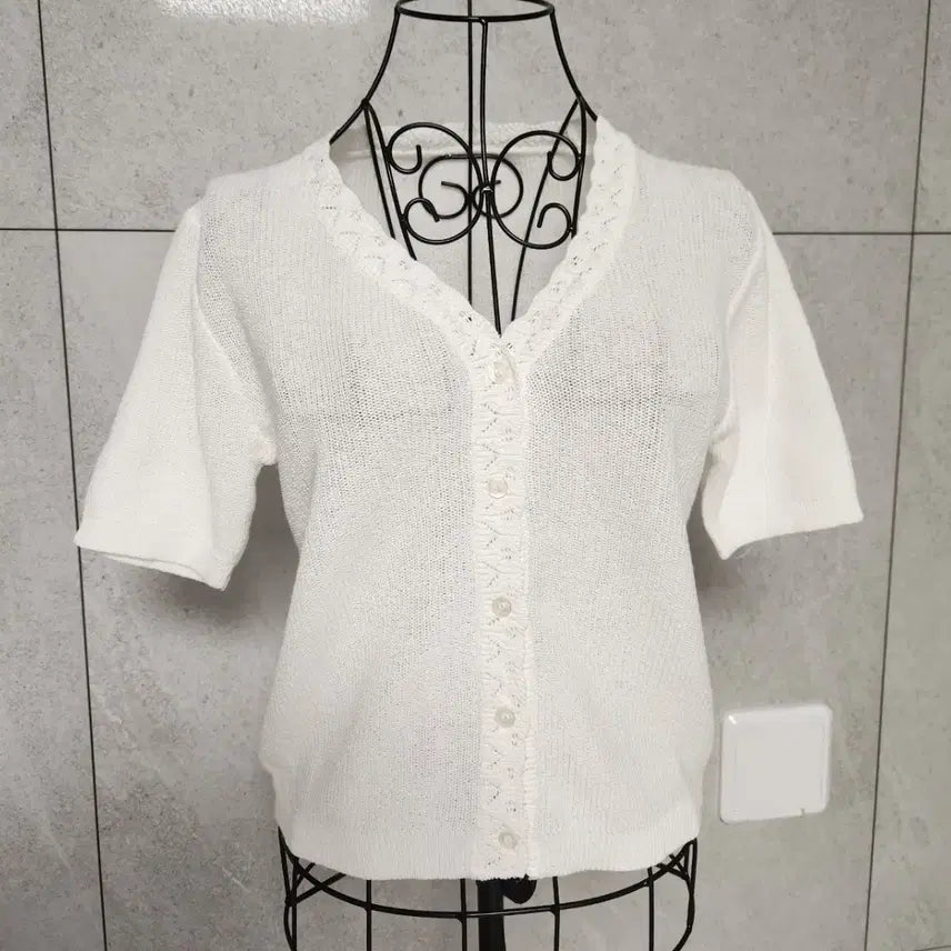 [BUNJANG] Women's Short Sleeve Knit Cardigan White / 여성 반팔 니트 가디건 흰색