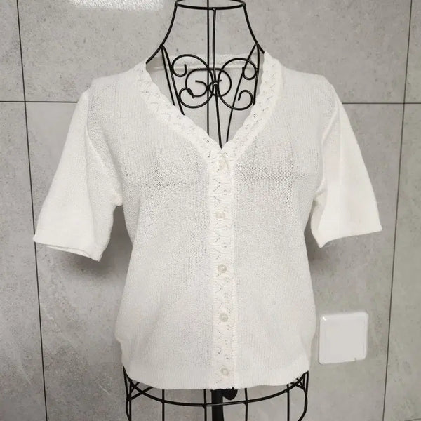 [BUNJANG] Women's Short Sleeve Knit Cardigan White / 여성 반팔 니트 가디건 흰색