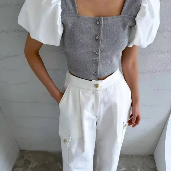 [BUNJANG] Puff Sleeve Square Neck Cropped Knit and Pants Set / (새상품)퍼프소매 스퀘어넥 크롭 니트와 바지 셋업