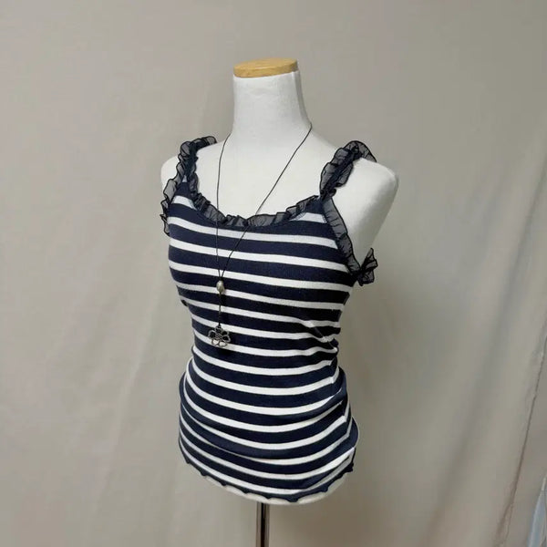 [BUNJANG] Mori Girl Balletcore Ruffle Stripe Sleeveless Top Navy / 모리걸 발레코어 프릴 스트라이프 슬리브리스 나시 네이비