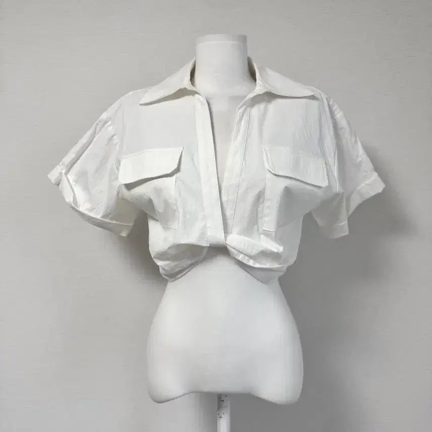 [BUNJANG] Zara Cropped Short Sleeve Shirt Ivory XS / 자라) 꼬임 포켓 크롭 반팔 셔츠
