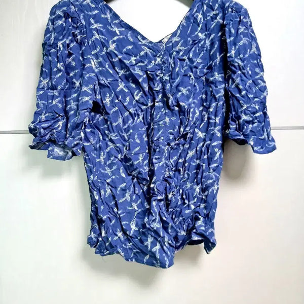 [BUNJANG] Blue Shirring Blouse with Bird Embroidery / 갸루 블루 셔링 블라우스