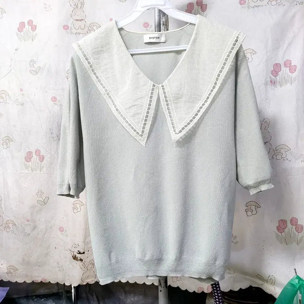 [BUNJANG] SYSTEM Sailor Collar Color-Block Knit Blouse / 시스템   (세일러 카라 배색)  니트  블라우스