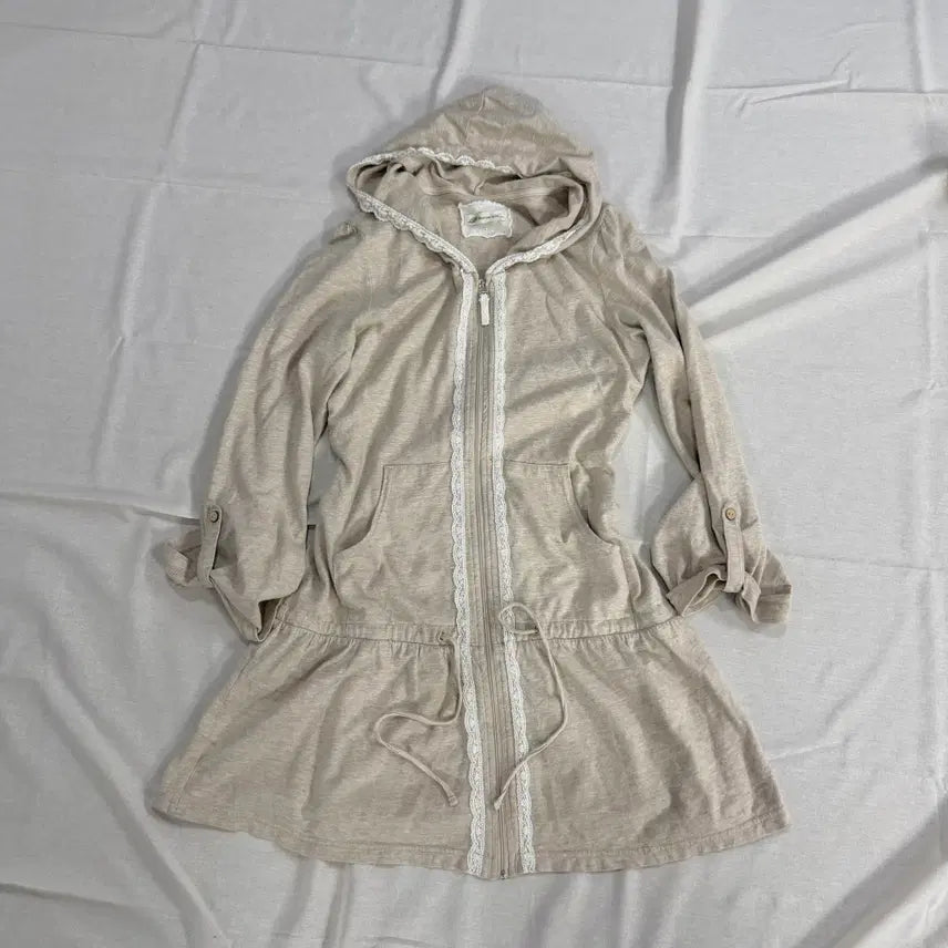 [BUNJANG] Latte Mori Girl Lace Roll-up Hooded Zip-up Dress Oatmeal Beige / 라떼 모리걸 하구미 레이스 롤업 후드 집업 원피스 오트밀 베이지