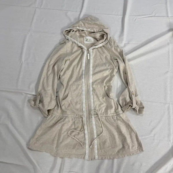 [BUNJANG] Latte Mori Girl Lace Roll-up Hooded Zip-up Dress Oatmeal Beige / 라떼 모리걸 하구미 레이스 롤업 후드 집업 원피스 오트밀 베이지