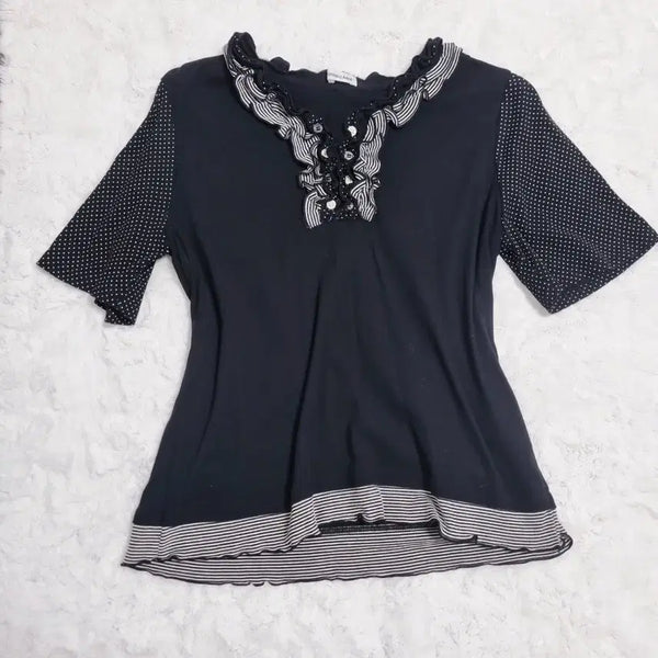[BUNJANG] Japanese Vintage Button Frill Short Sleeve T-shirt / 일본 빈티지 단추 프릴  반팔 티셔츠 레이스 모리걸 키치 Y2K