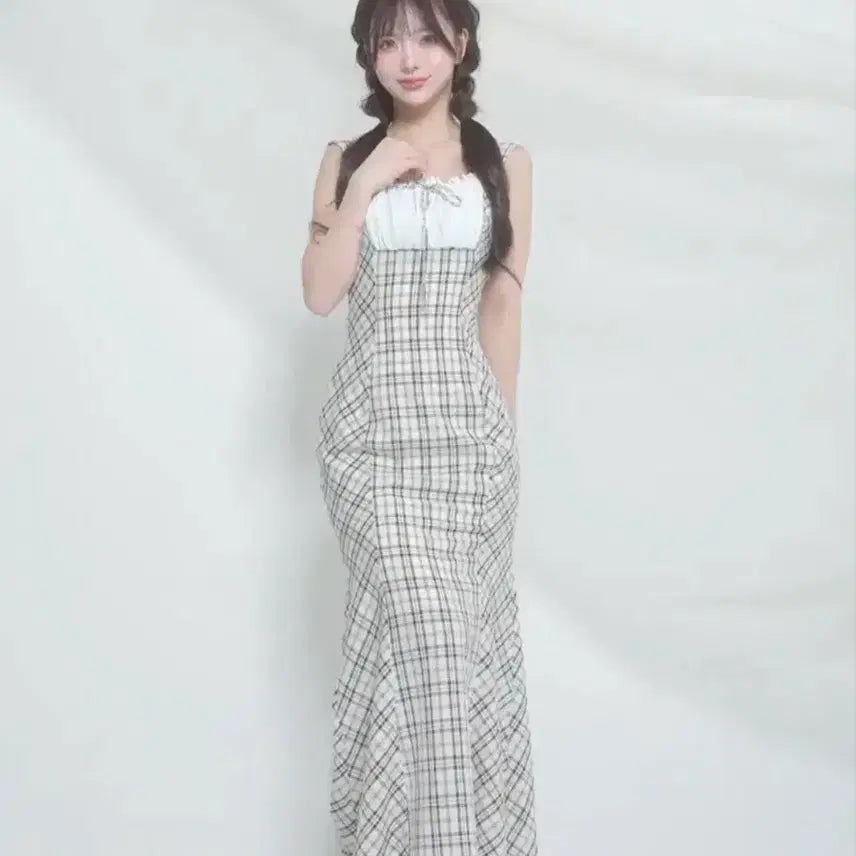 [BUNJANG] Darich Check Mermaid Long Dress Free Size / Darich 다리치 체크 머메이드 롱 원피스 프리사이즈 팝니당
