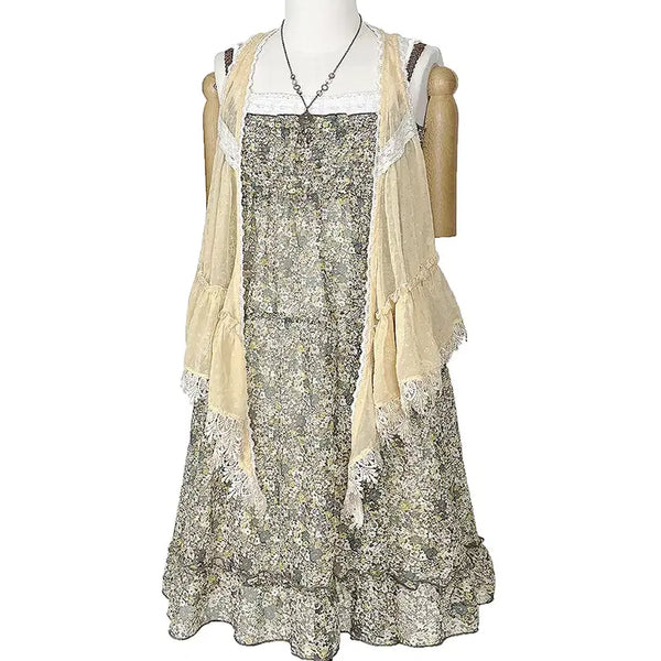 [BUNJANG] Japanese Vintage Chiffon Lace Dot Asymmetrical Ruffle Vest Mori Girl Y2K Hippie Ethnic / 일본빈티지 쉬폰레이스도트 언발셔링프릴조끼베스트모리걸갸루y2k히피에스닉