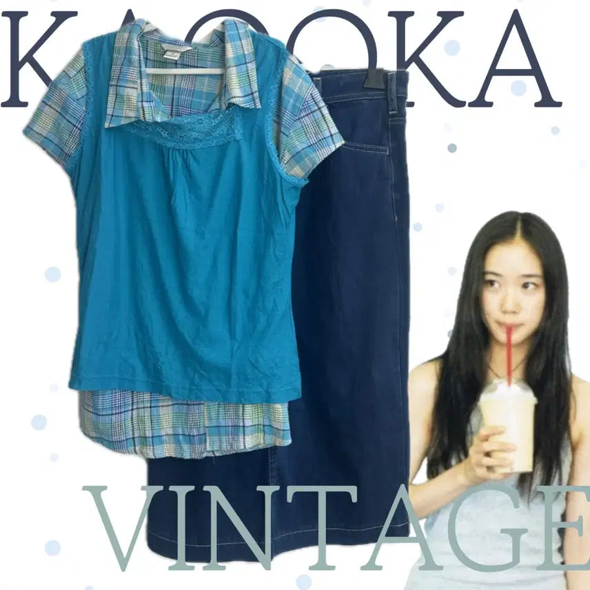 [BUNJANG] Japanese Vintage Layered Mori Girl Denim Long Shirt Skirt Coordinate Set / 일본빈티지 청량블루코어 레이어드 모리걸 데님 롱 셔츠 스커트 코디세트