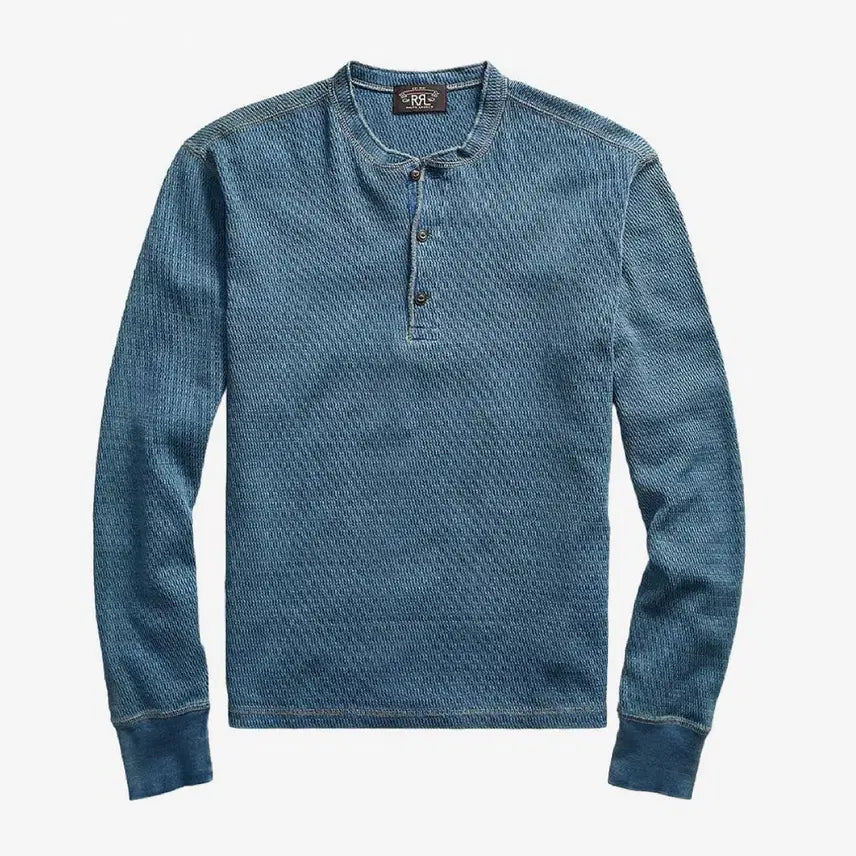 [BUNJANG] RRL Indigo Jacquard Knit Henleyd Neck T-Shirt / RRL 더블알엘 인디고 자카드 니트 헨리넥 티셔츠 M