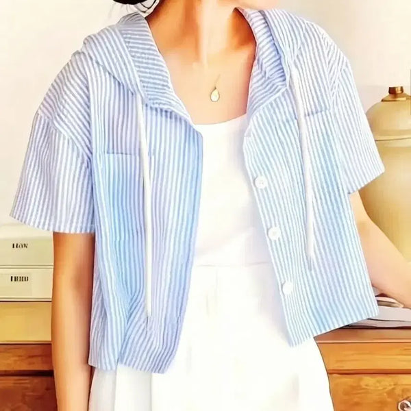 [BUNJANG] Striped Hooded Short-Sleeve Shirt - Blue / 새상품 스트라이프 후드 셔츠 블루