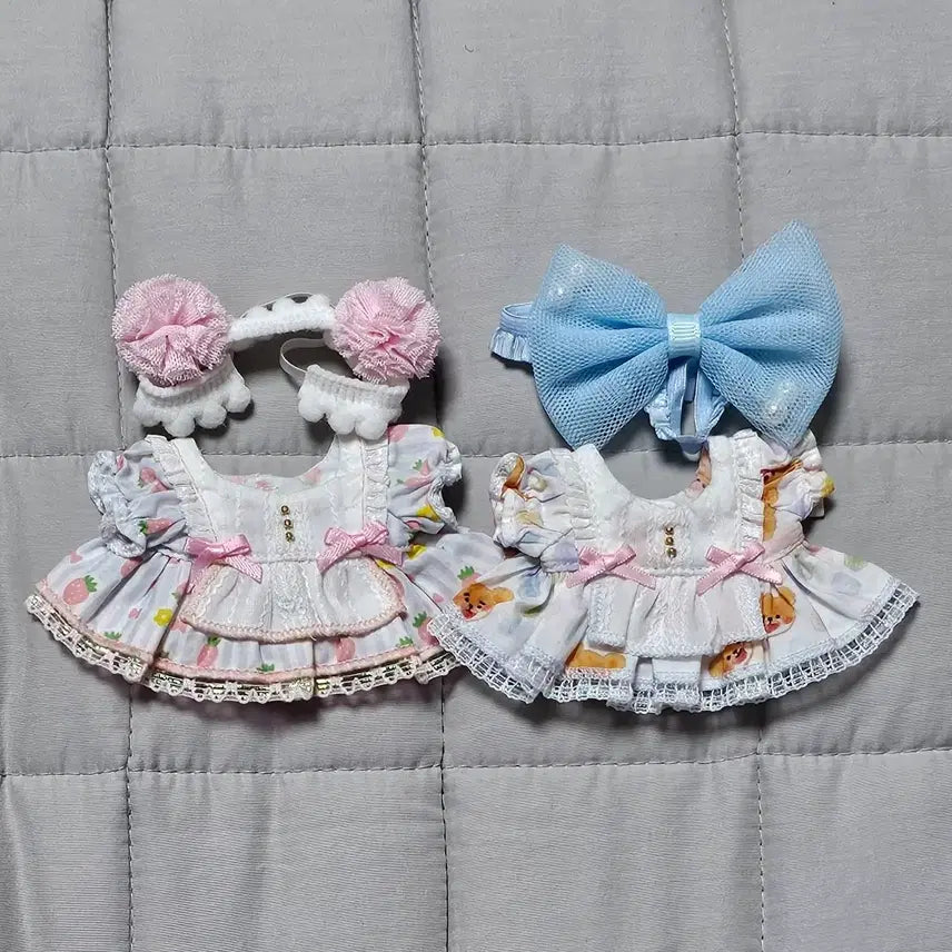 [BUNJANG] 10cm Doll Clothes Set: Strawberry & Bear Dress Bundle / 10cm 솜인형옷 원피스 2종 일괄